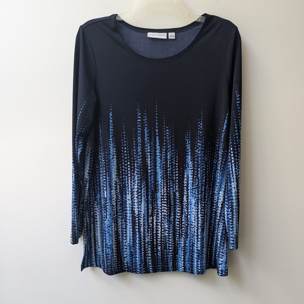 Susan Graver Tunic Top Blue Black Abstract Long Sleeve Liquid Knit Sz S Slinky